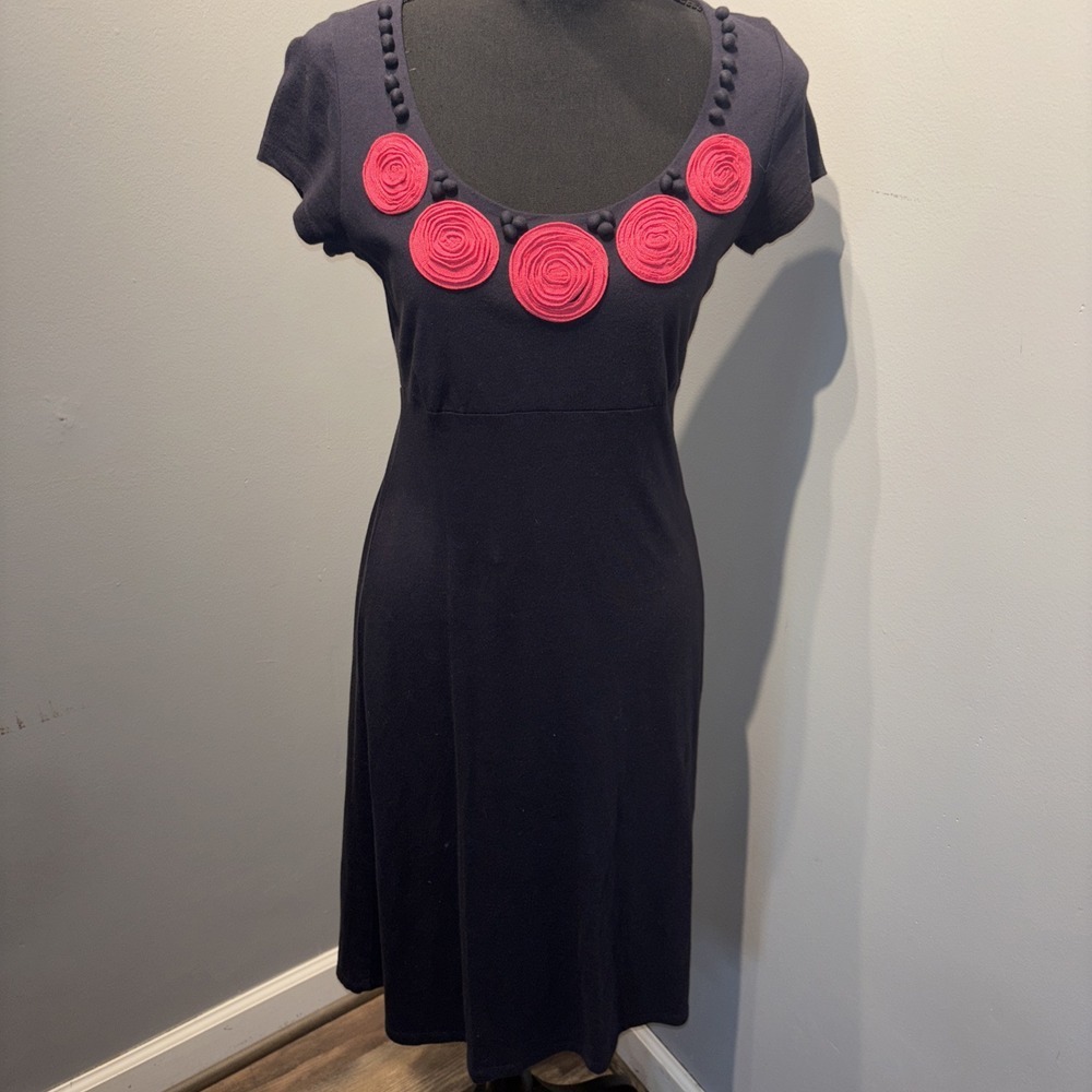 Boden Navy Blue Pink Rosette Pom Pom Scoop Neck Jersey A-Line Dress US 6